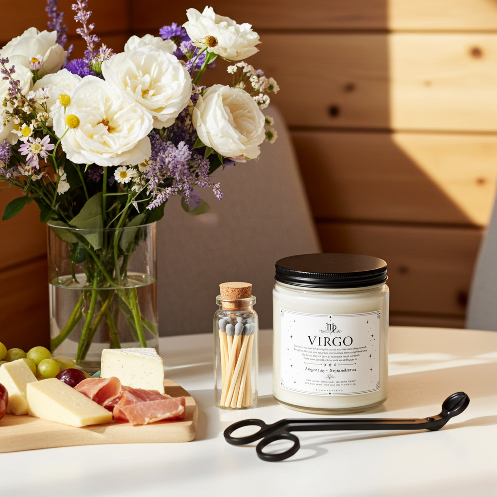 Candle labeled 'Virgo' with flowers, cheese, and fruit on a table.
