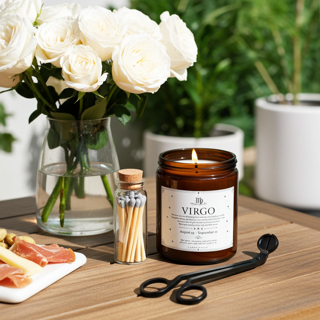 Candle labeled 'Virgo' with a bouquet of white roses and charcuterie board on a wooden table.