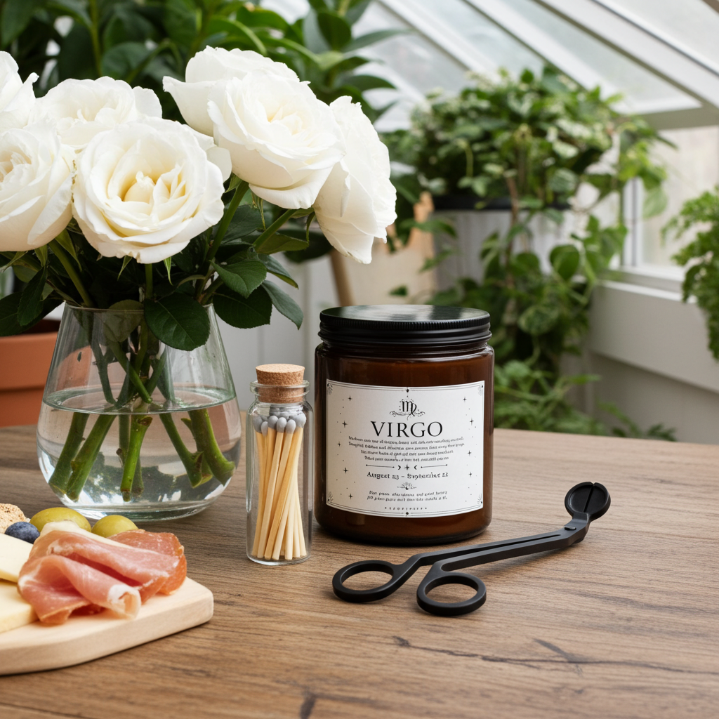 Candle labeled 'Virgo' with white roses, matches, and a cutting board on a wooden table.