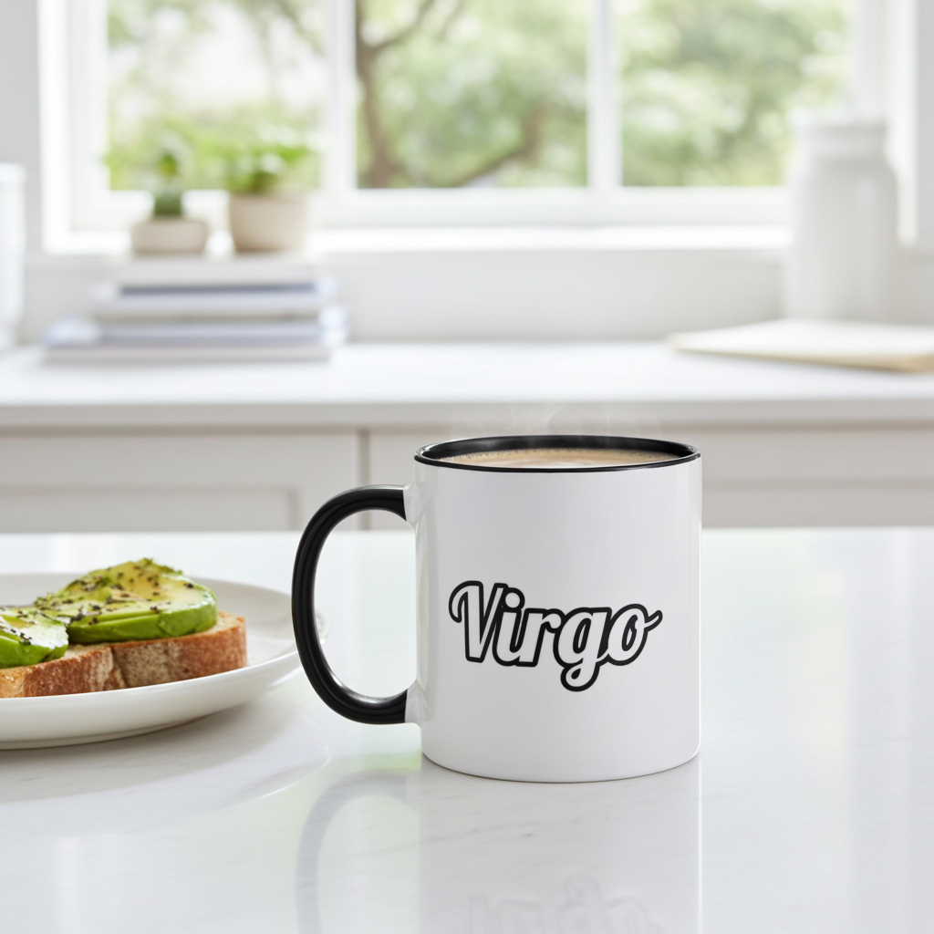 White mug with 'Virgo' printed on it, placed on a kitchen counter with a plate of food and window in the background.
