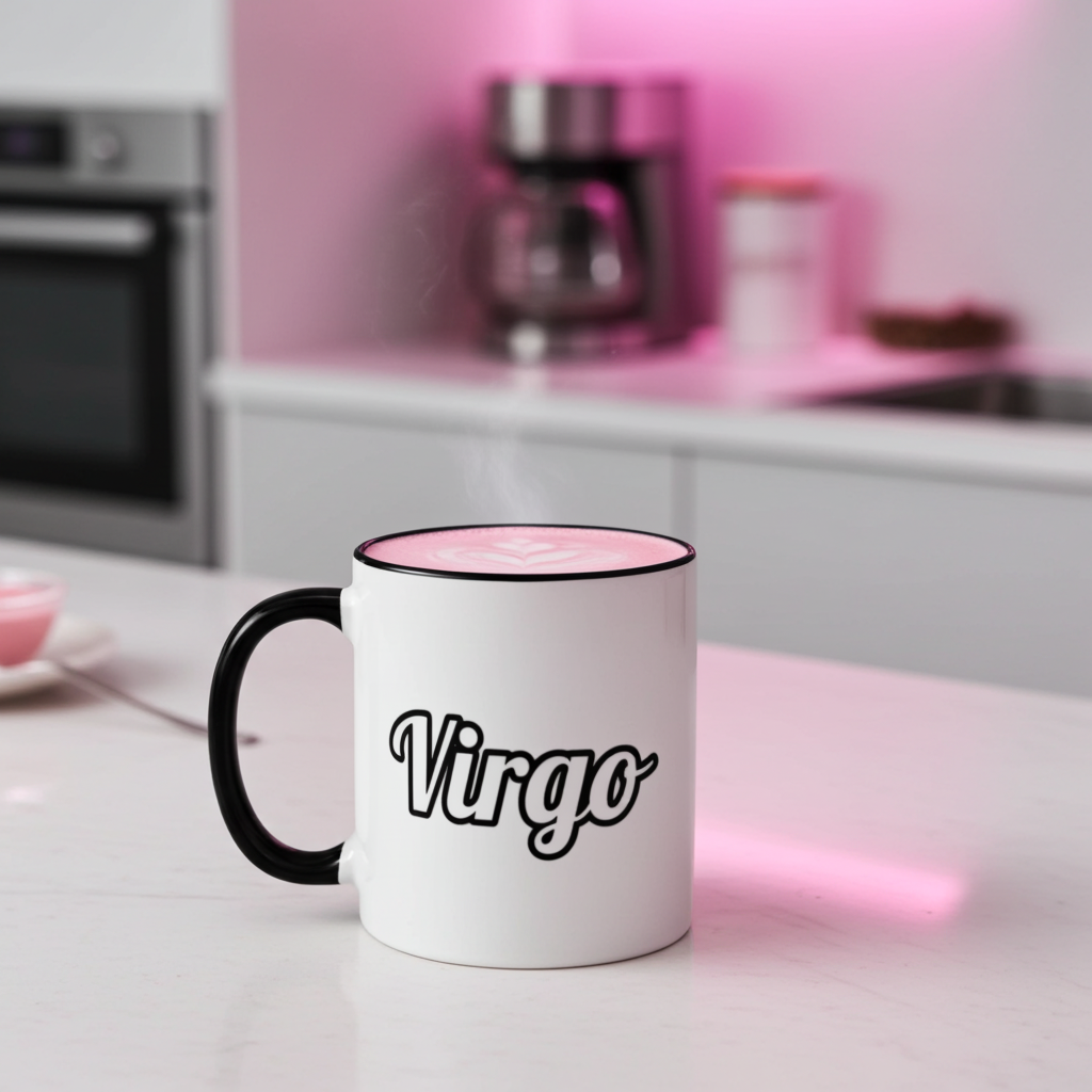 White mug with black handle and 'Virgo' text on a kitchen counter.