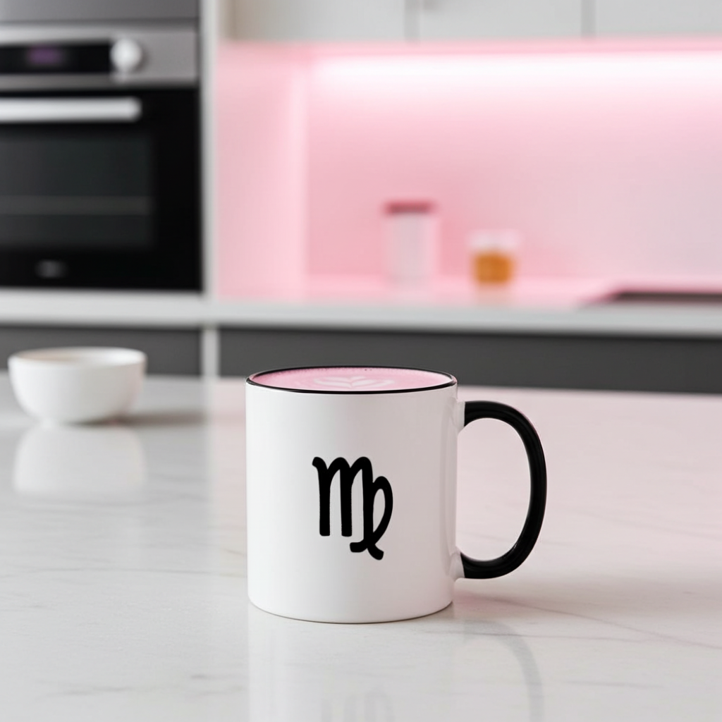White mug with black handle and a Virgo symbol on a kitchen counter