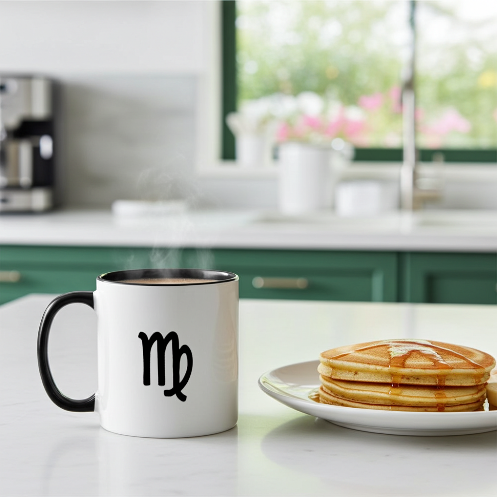 White mug with black handle and Virgo symbol next to a plate of pancakes on a kitchen counter.