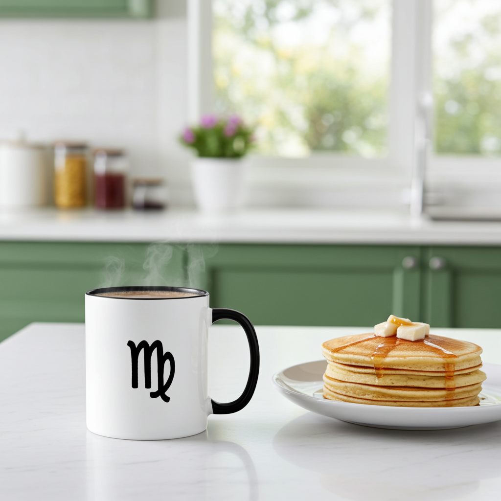 Mug with a Virgo symbol next to a plate of pancakes on a kitchen counter