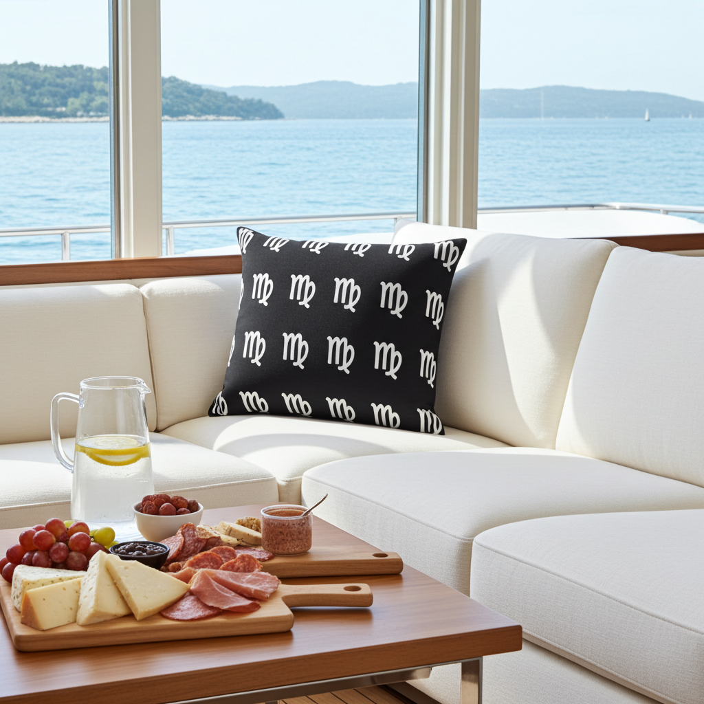 White sofa with a black pillow featuring white virgo patterns, a wooden coffee table with food and drinks, and a scenic view of water and mountains through large windows.