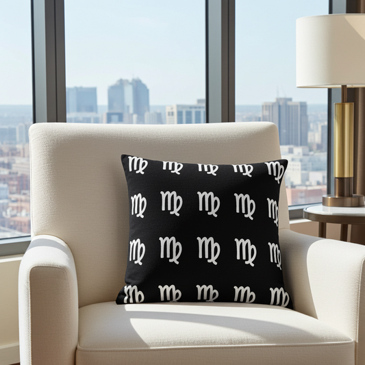 Black pillow with white Virgo patterns on a beige armchair in a room with large windows and cityscape view.