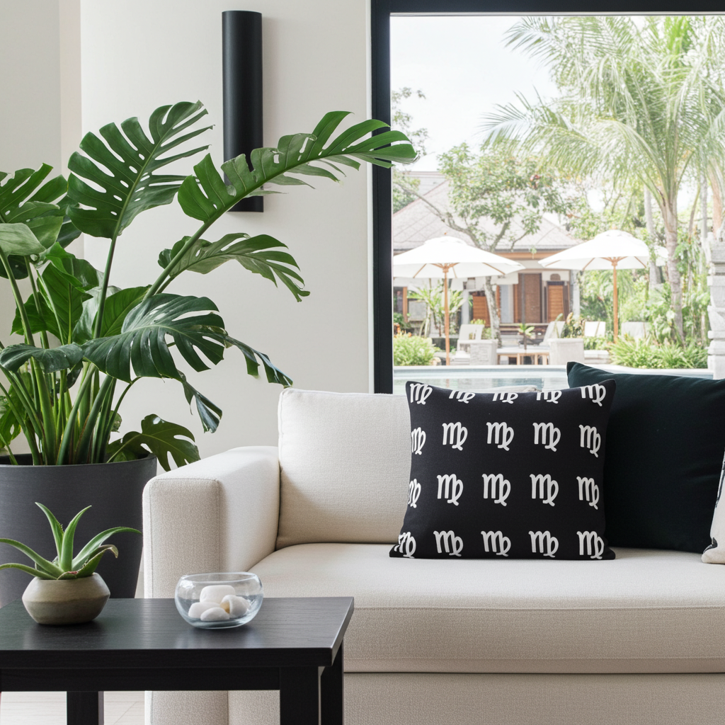 Living room with a beige sofa, decorative pillows, a plant, and a view of a garden.