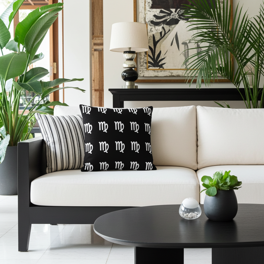 Modern living room with a black and white patterned pillow on a beige sofa, surrounded by plants and a lamp.