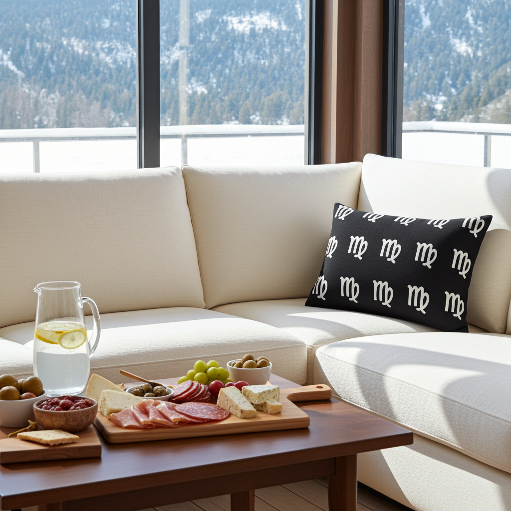 Living room with a black pillow with white virgo patterns, coffee table with a charcuterie board, and scenic window view.