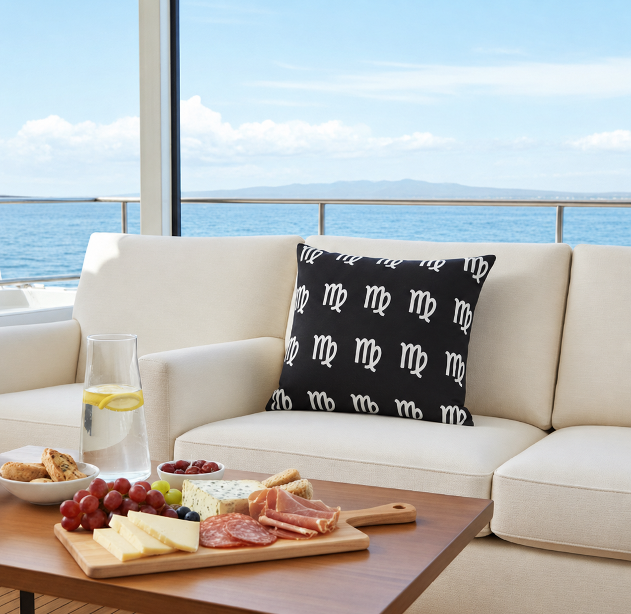 Beige sofa with a black pillow featuring white virgo symbols, a wooden coffee table with a charcuterie board, and a view of the ocean.