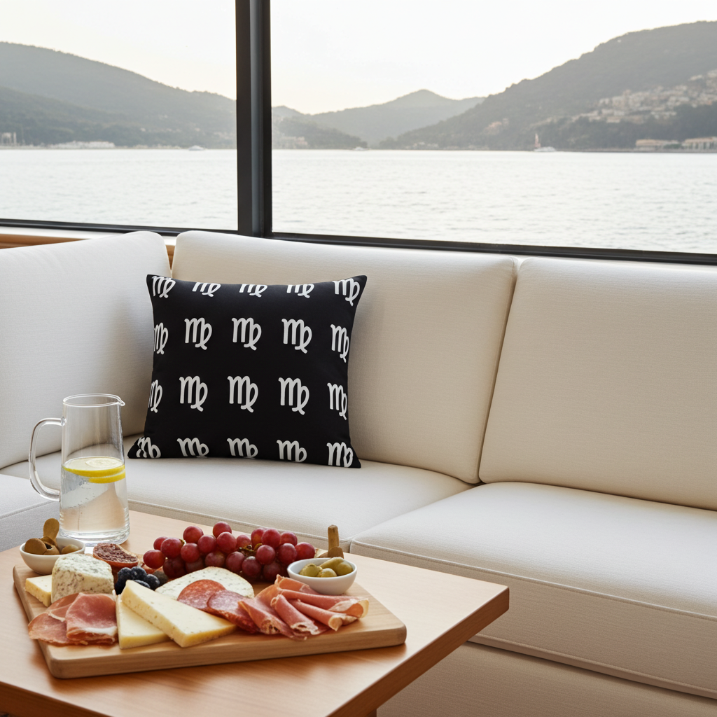 Outdoor setting with a couch, decorative virgo pillow, charcuterie board, and pitcher of lemonade.