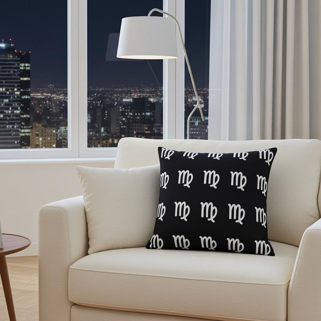 A black throw pillow with a repeating white Virgo pattern, styled on a cream-colored armchair next to a matching cream pillow in a modern living room setting with a city night view.