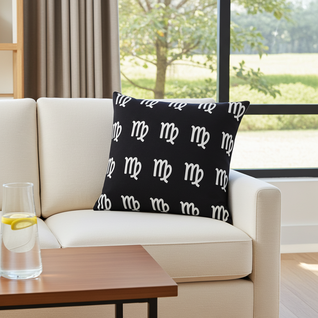 A black throw pillow with a repeating white Virgo pattern, styled on a cream-colored sofa in a modern living room setting.