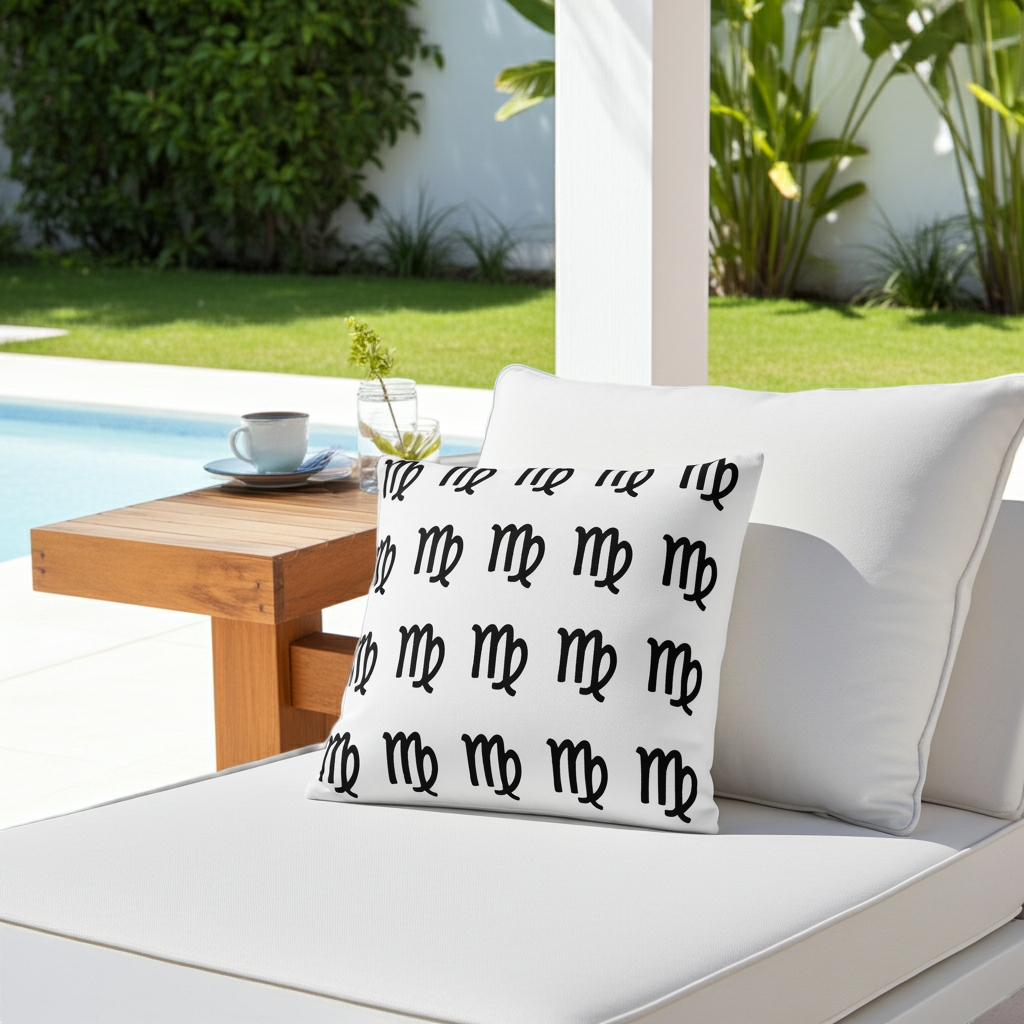 A white throw pillow with a repeating black astrological virgo pattern, styled on a white outdoor lounge chair next to a wooden side table with a cup and glass, with a swimming pool and green garden in the background.