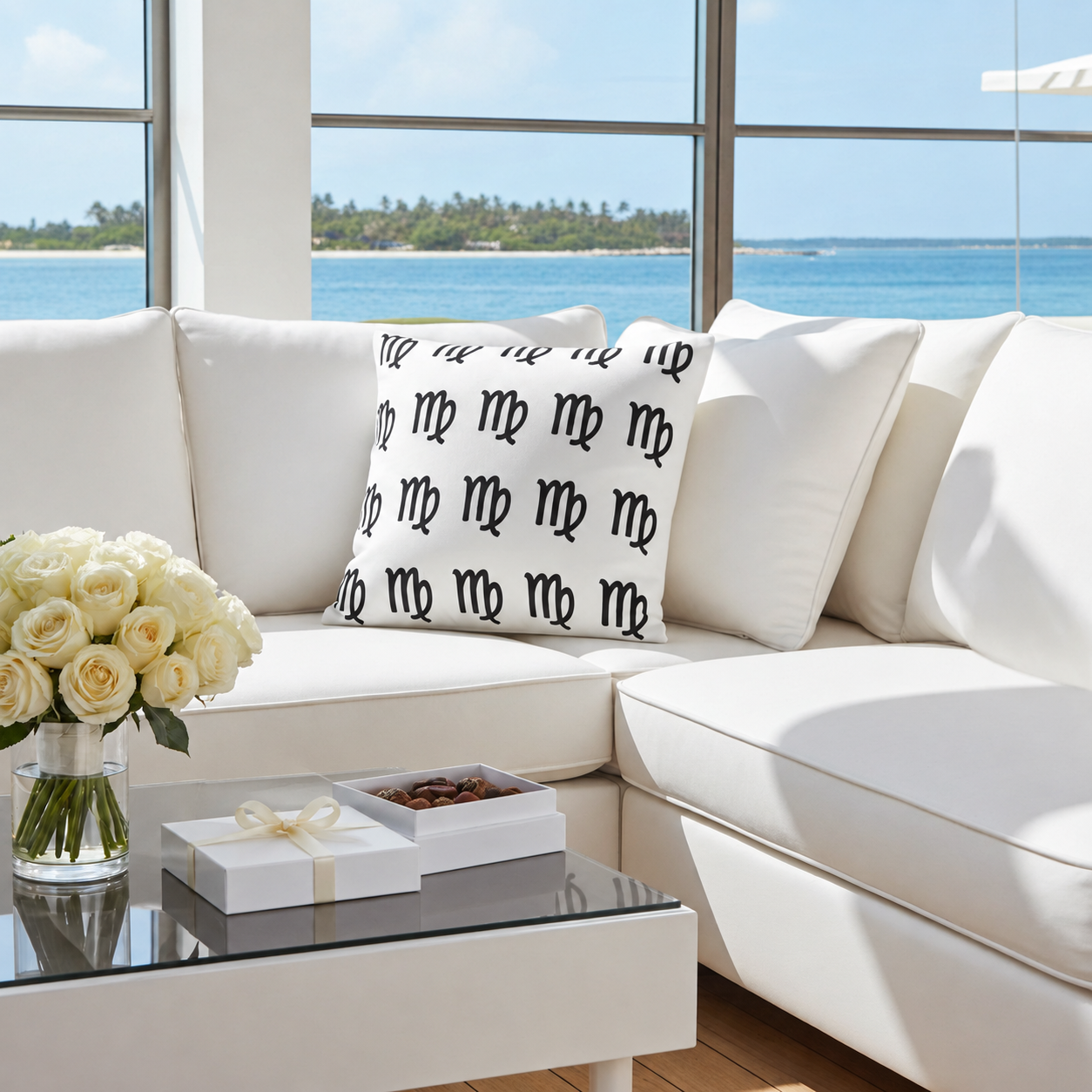 Modern living room with a white sofa, decorative virgo pillow, coffee table with flowers and gifts, and a view of the ocean.