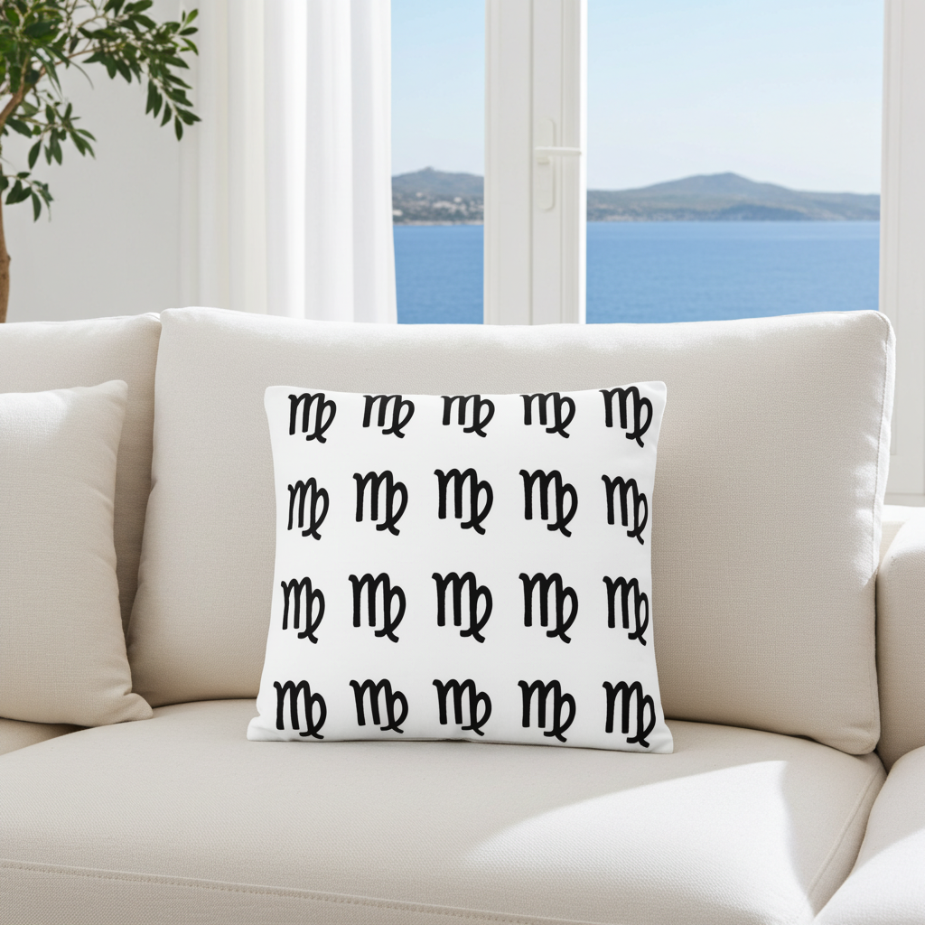 White pillow with black Virgo pattern on a beige sofa with a scenic view through large windows.