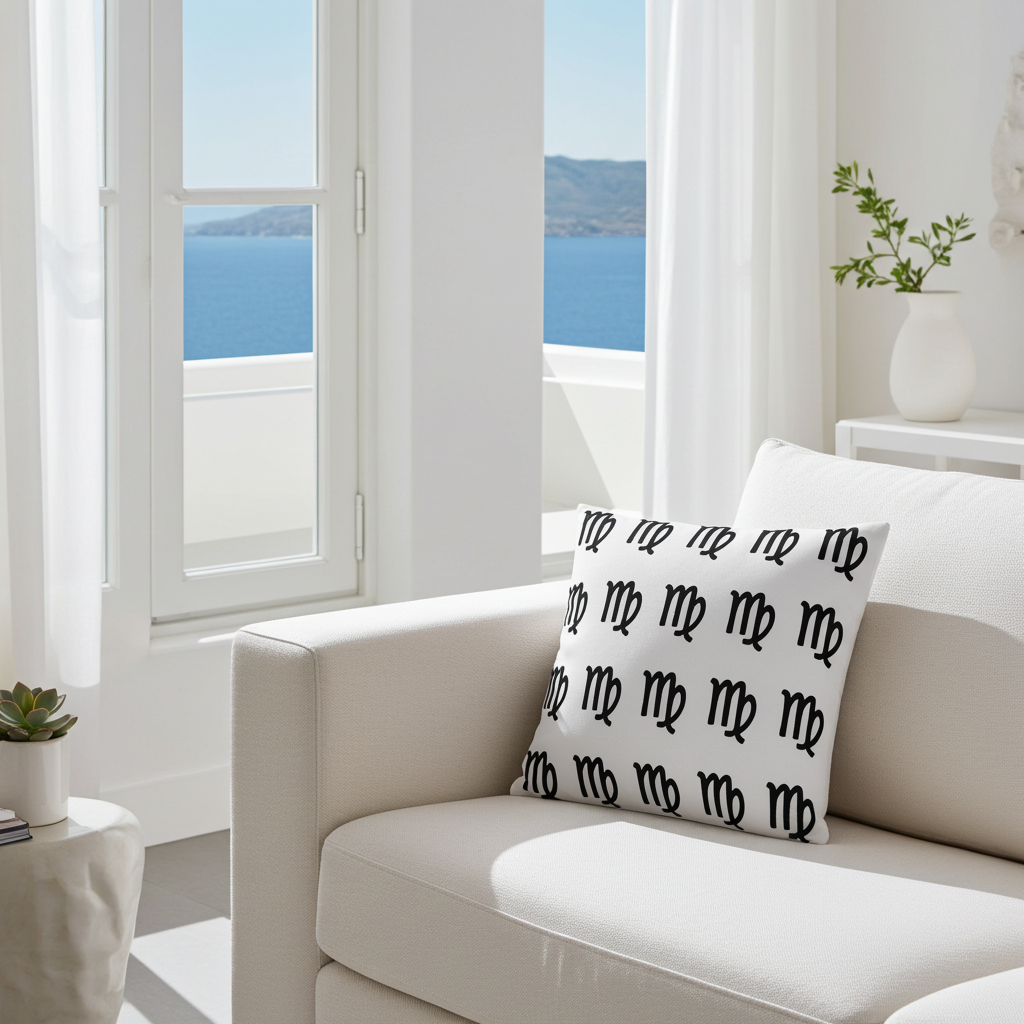 White sofa with decorative pillow featuring black Virgo symbol in a bright room with large windows.