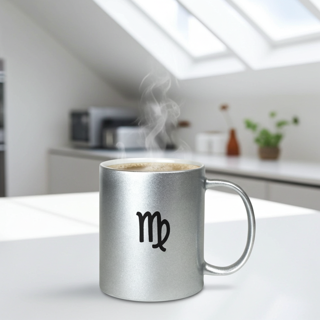 Silver mug with a zodiac symbol on a kitchen counter with steam rising from it.