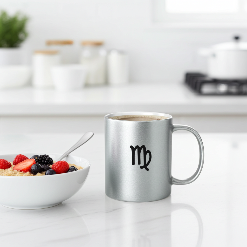 Silver mug with a Virgo symbol on a kitchen counter with a bowl of cereal and fruit.