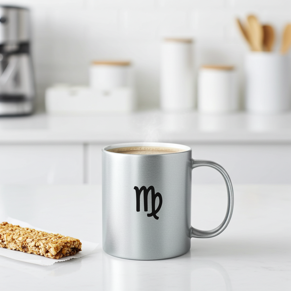 Silver mug with a black Virgo symbol on a kitchen counter