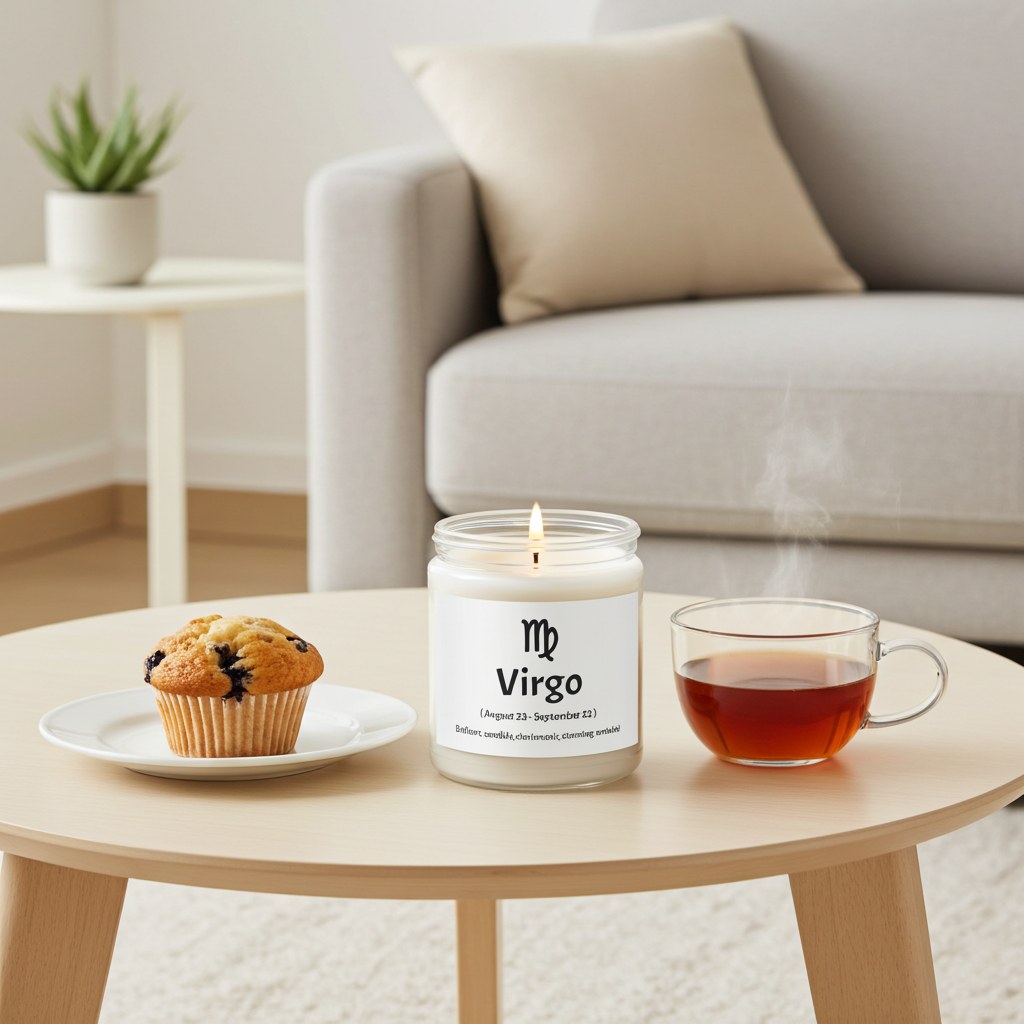 Candle labeled 'Virgo' with a muffin and tea on a table in a living room setting