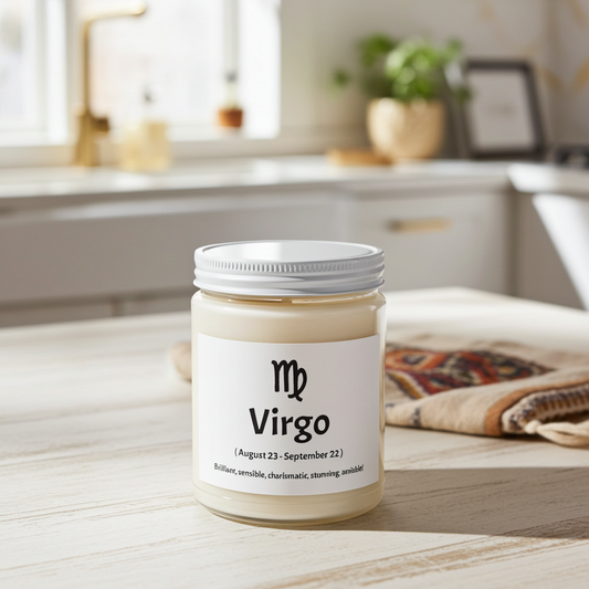Jar of candle labeled 'Virgo' on a kitchen counter