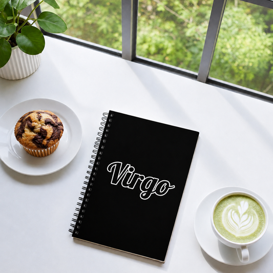 Black notebook with 'Virgo' on a white table with a cup of coffee, muffin, and plant.