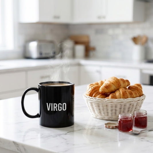 A black ceramic mug with the word 'VIRGO' printed in white capital letters sits on a white marble kitchen countertop next to a wicker basket of croissants and small jars of jam. The background shows a softly blurred modern kitchen.