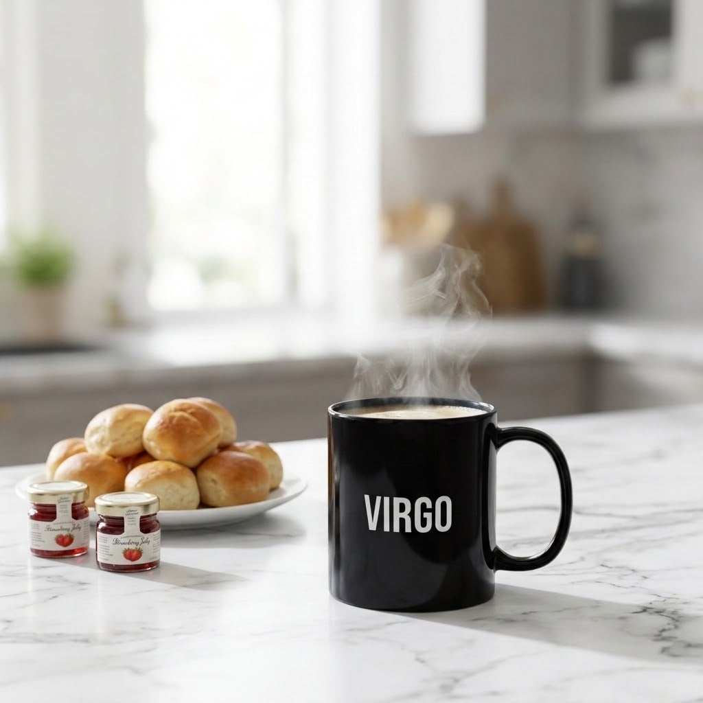 A black ceramic mug with the word 'VIRGO' printed in white capital letters, sitting on a white marble kitchen counter with steaming coffee inside. A plate of bread rolls and two small jars of jam are placed to the left, with a softly blurred modern kitchen in the background.