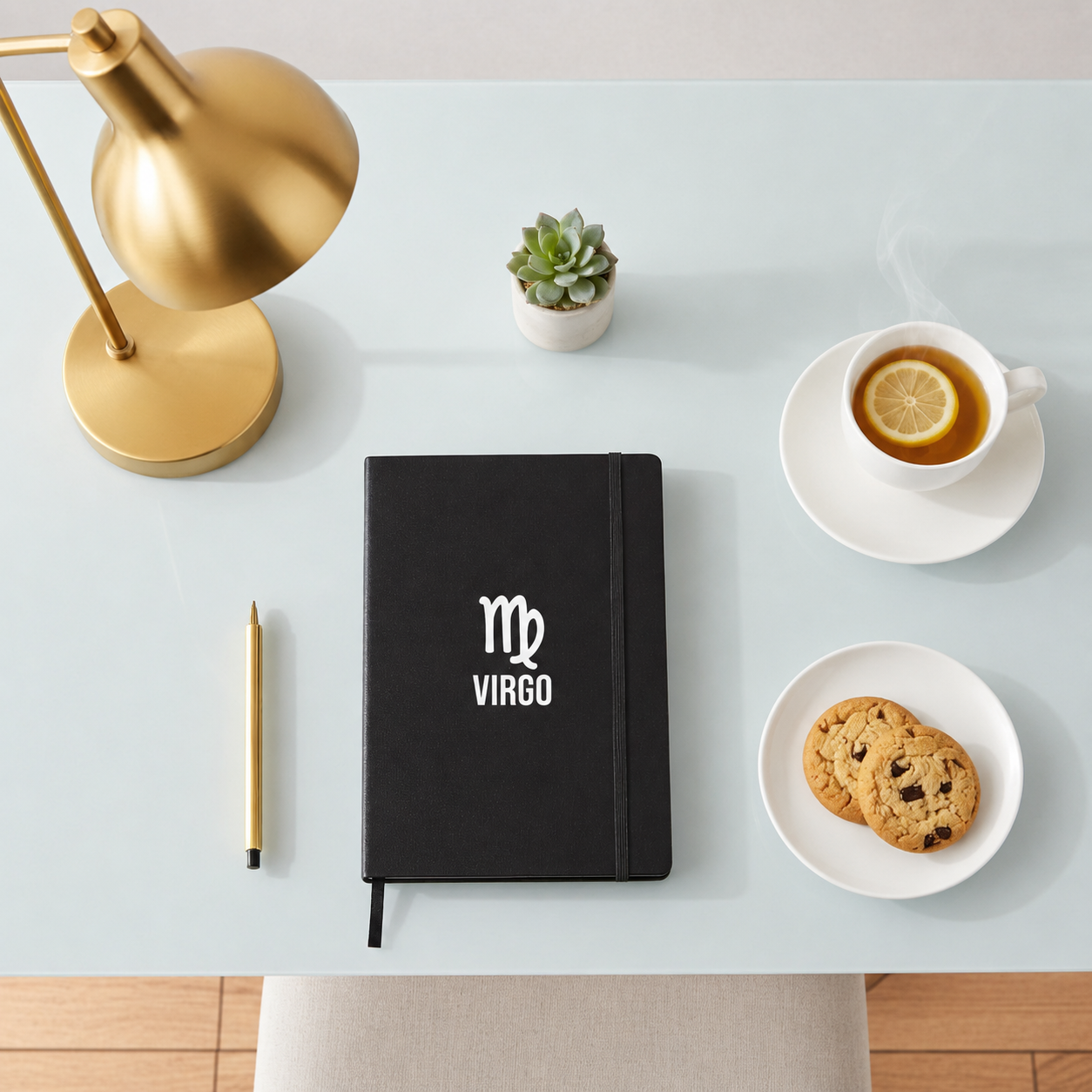 A black hardcover notebook with a white Virgo zodiac symbol on the cover, styled on a light blue desk alongside a gold desk lamp, a small succulent, a cup of tea, cookies, and a gold pen.