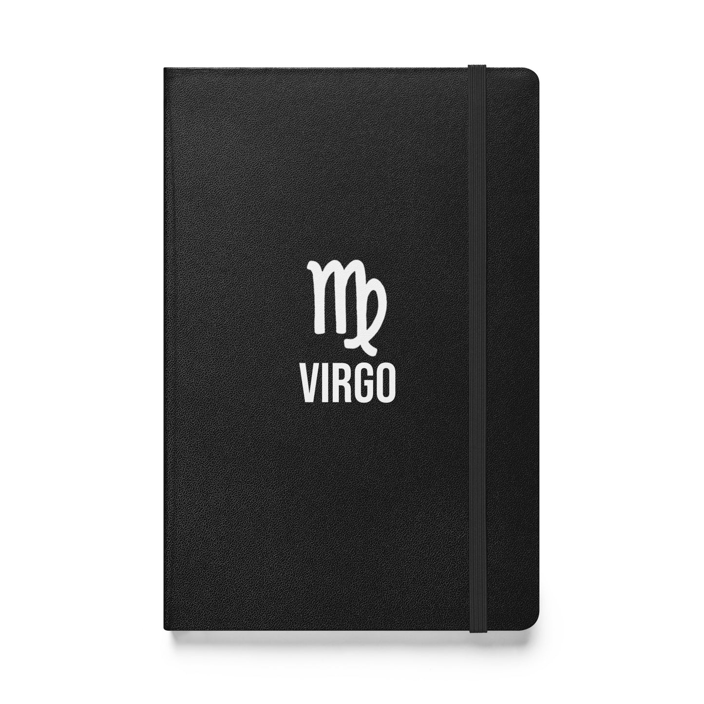 A black hardcover notebook with a white Virgo sign on the cover, featuring a minimalistic design.