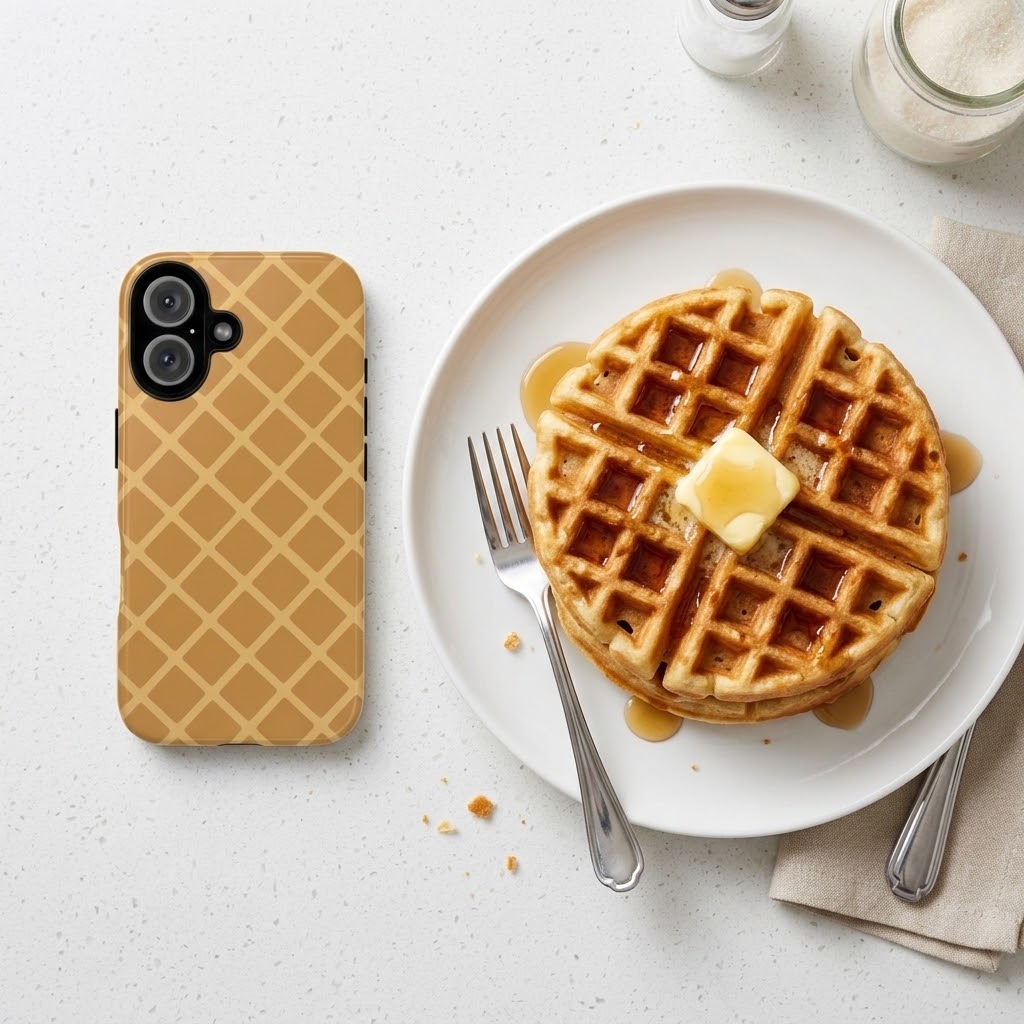 A phone case with a golden-brown waffle pattern is displayed next to a plate of waffles with butter and syrup on a light speckled countertop.