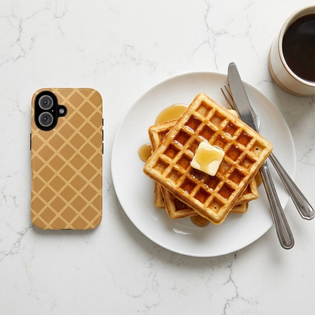 A tan waffle-patterned phone case shown next to a plate of waffles with butter and syrup on a white marble surface, with a cup of coffee in the corner.
