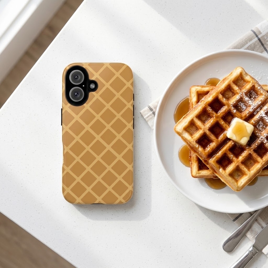 A tan waffle-patterned phone case shown on a smartphone, placed on a white tabletop next to a plate of waffles with butter and syrup.
