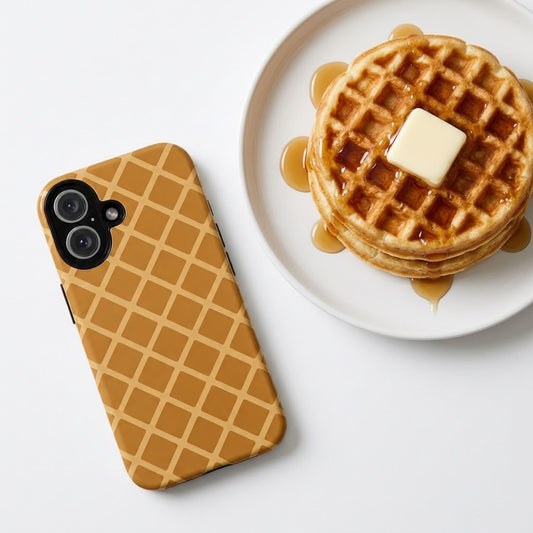 A phone case with a waffle print design in golden brown and beige, displayed next to a plate of waffles with syrup on a white background.
