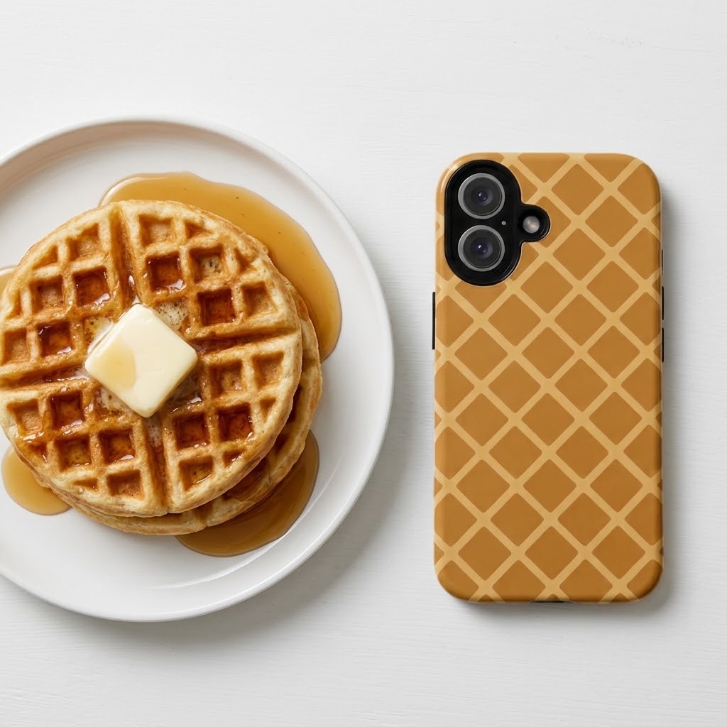 A phone case with a golden-brown waffle pattern is displayed next to a plate of waffles with syrup and butter on a white surface.