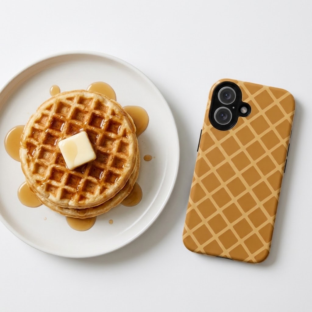 A phone case with a golden-brown waffle pattern is displayed next to a plate of waffles with syrup and butter on a clean white background.
