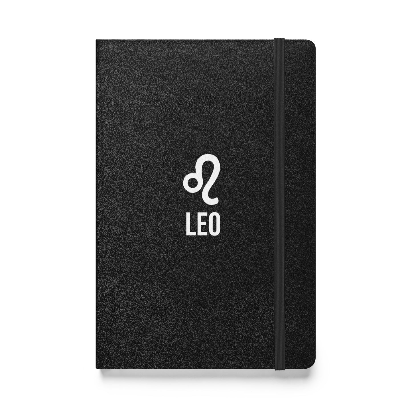 A black hardcover notebook with a white letter ' Leo ' on the cover and a small icon on the top right corner.