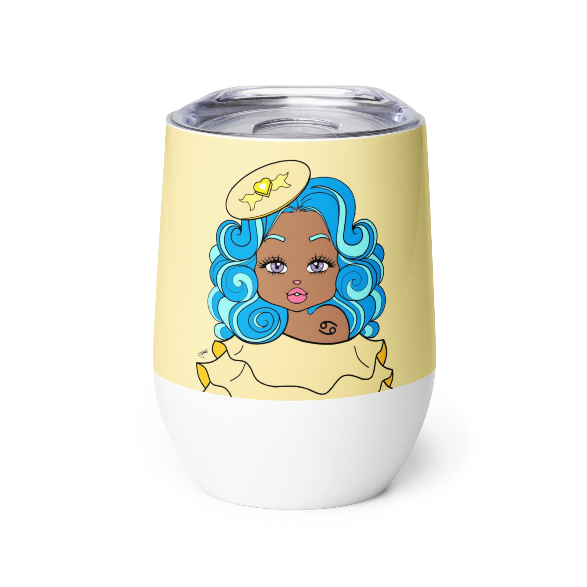 Tumbler with a colorful design of a Cancerian character with blue hair on a yellow background
