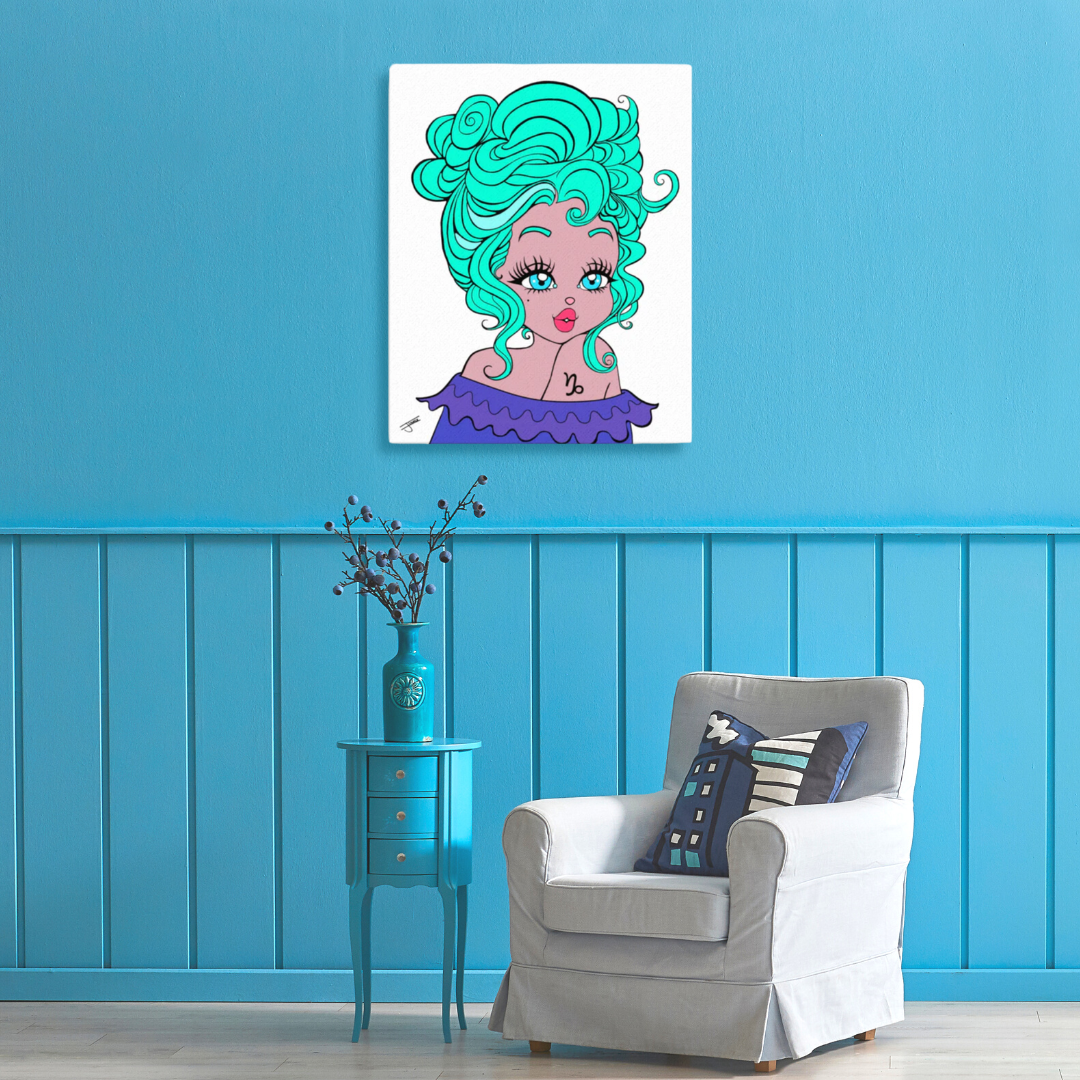 A canvas print featuring an illustration of a stylized Capricorn character with turquoise hair.