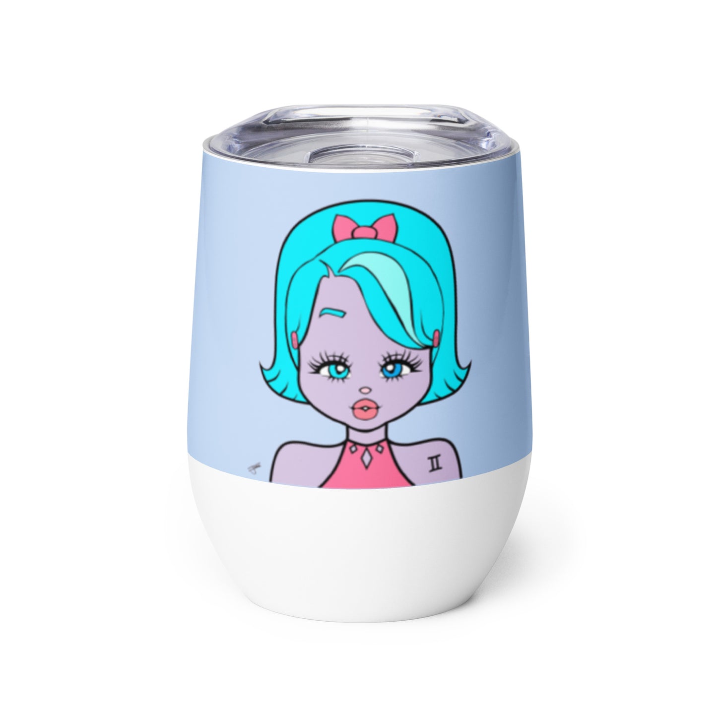 A stainless steel mini tumbler with a blue and pink illustration of a gemini sign character on the side.