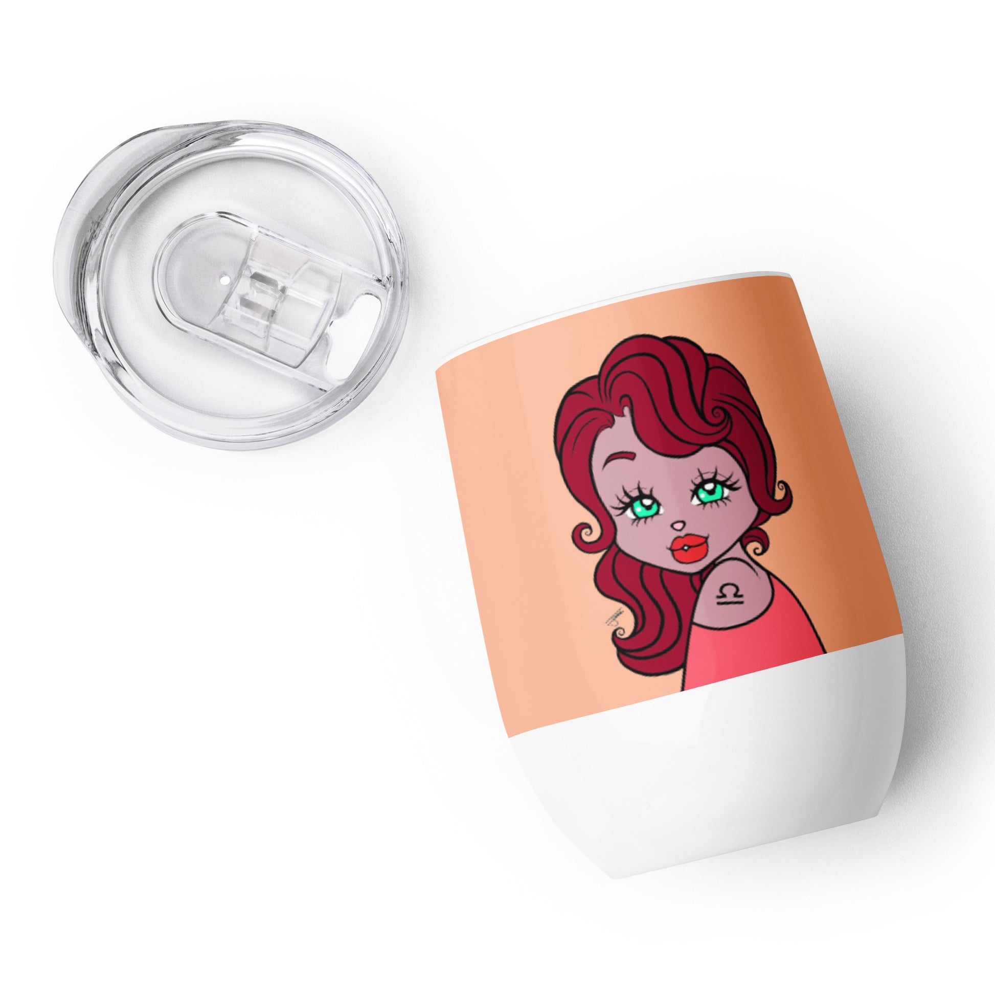 A stainless steel mini tumbler with a cartoon illustration of a Libra Character complete with a double-wall vacuum seal and a clear lid.