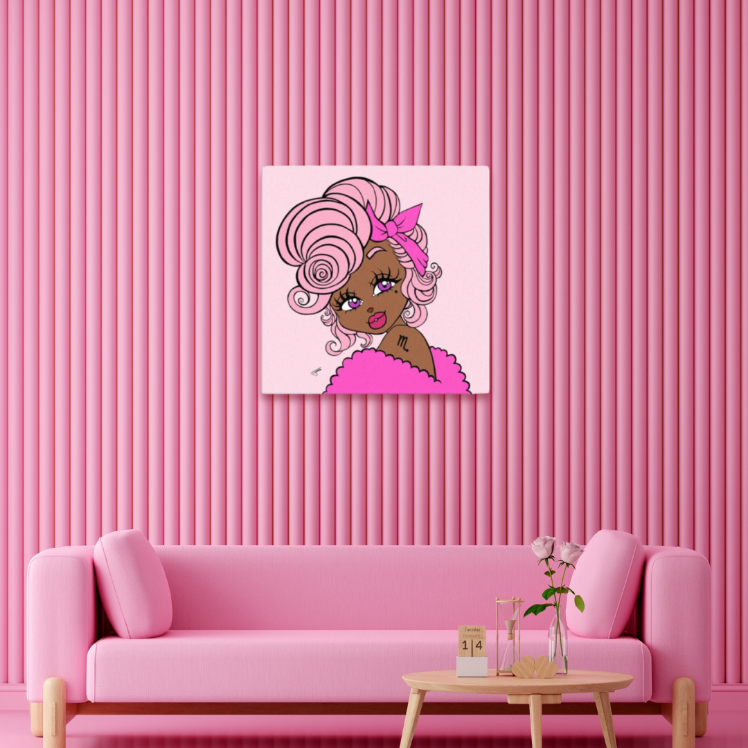 A canvas artwork featuring a stylized Scorpio character with pink hair and clothing, set against a pink background.