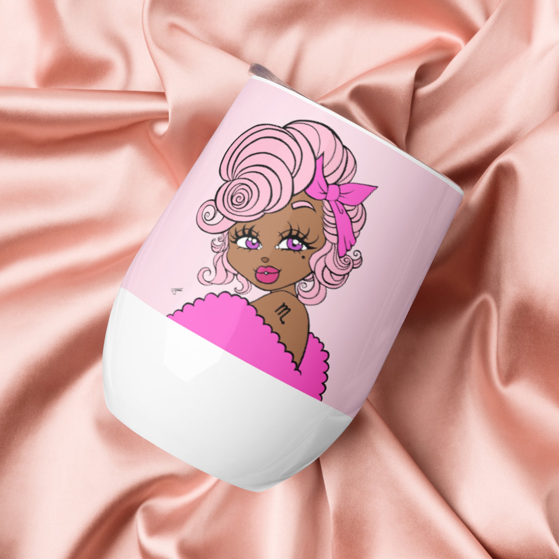 A pink mini tumbler with an illustration of a Scorpio Character with large eyes and a bow, resembling a Scorpio, on the side.