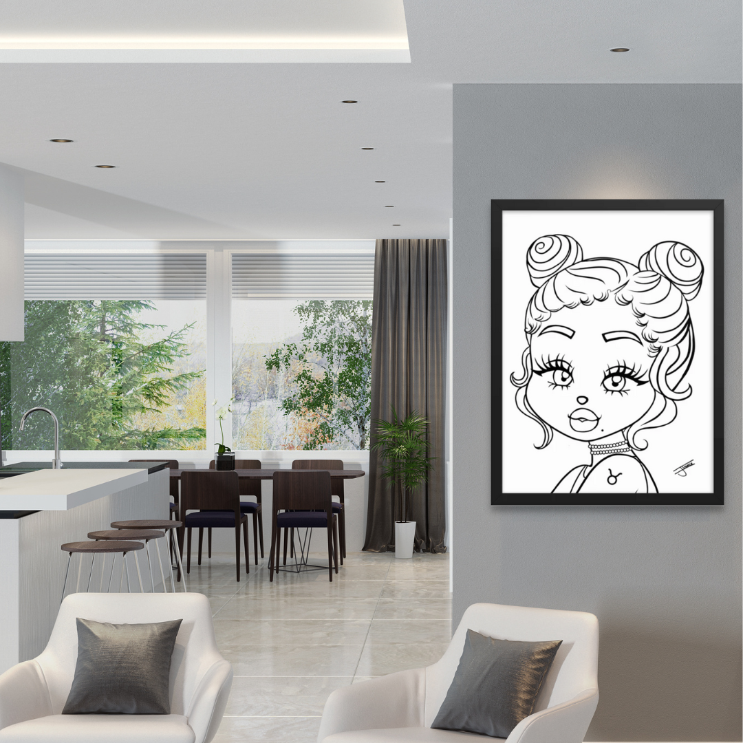 A framed poster of a Taurus character hanging on a wall above a modern living room setup.
