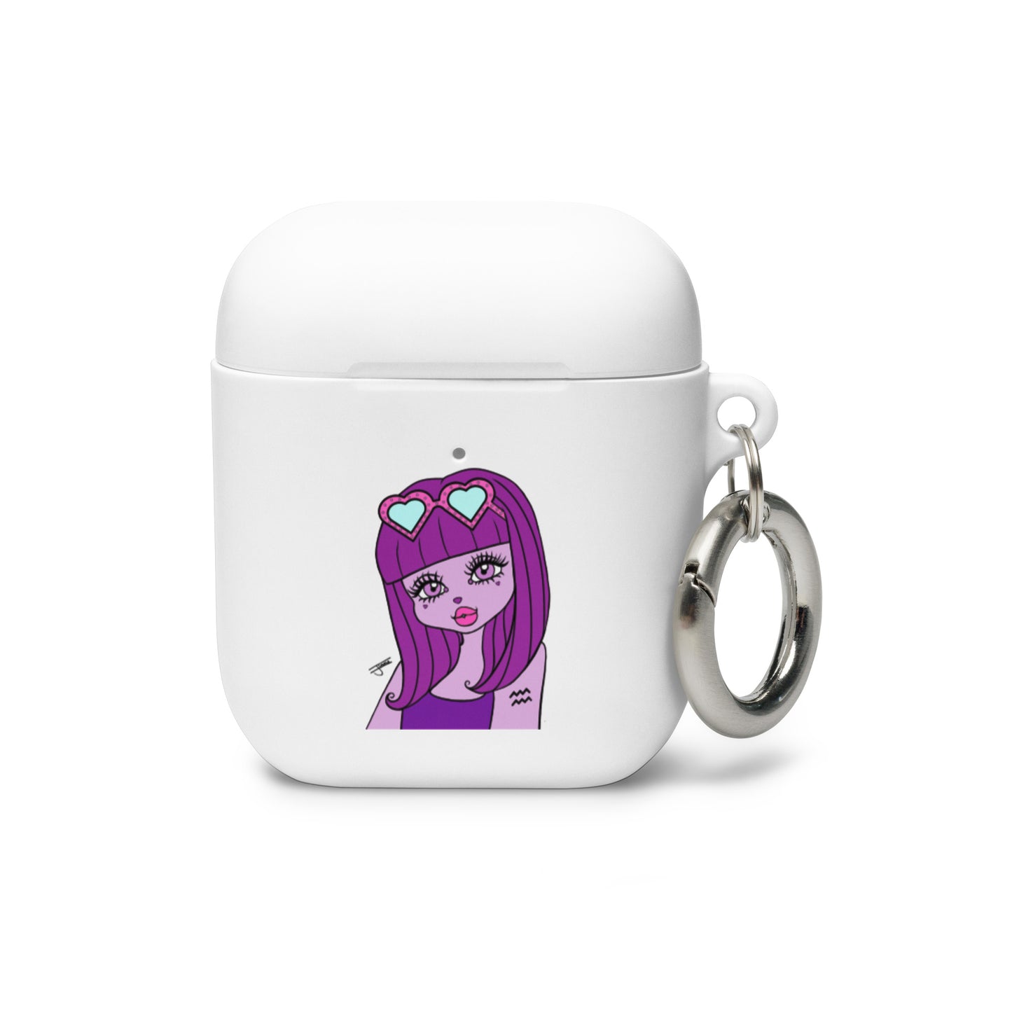 AirPods case with an Aquarius character illustration in purple and white, featuring a metal carabiner attachment.