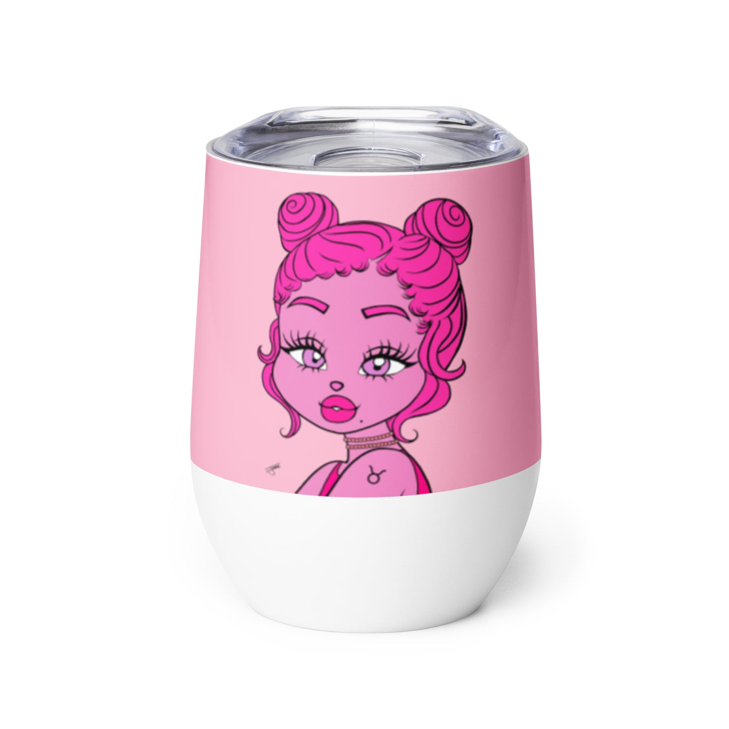 A stainless steel mini tumbler with a pink and white color scheme, featuring an illustration of a stylized Taurus character with pink hair and accessories.