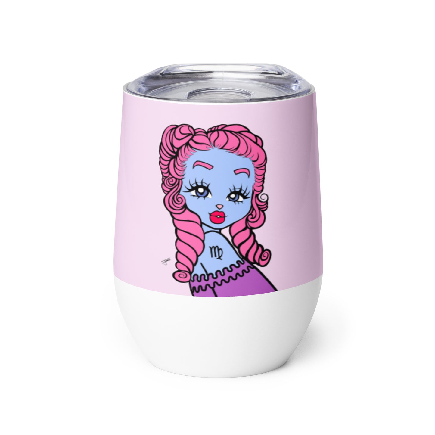 A stainless steel mini tumbler with a double-wall vacuum seal, featuring an illustration of a Virgo character with blue hair and a pink dress on a pink background.