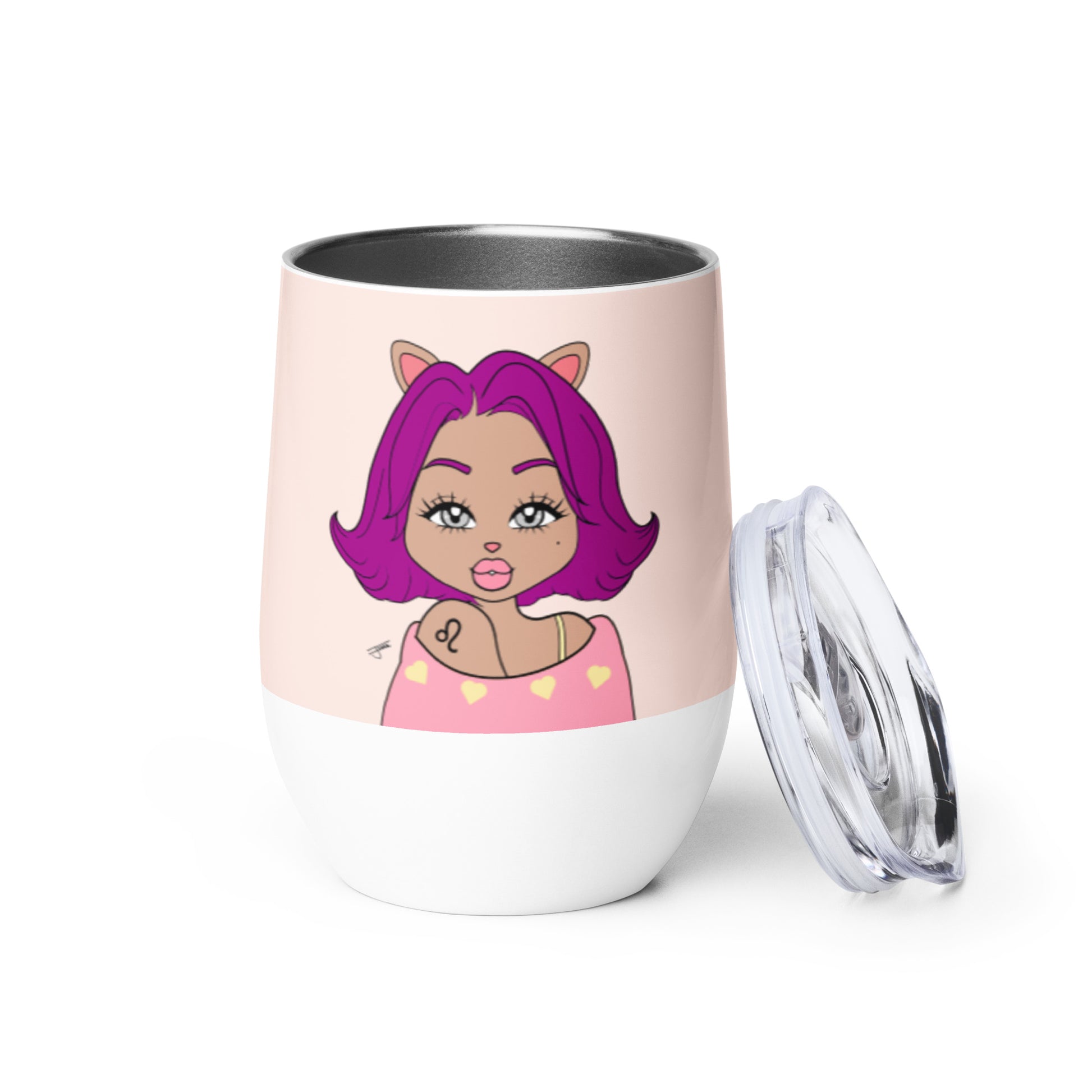 A pink and white mini tumbler with an illustration of a Leo character, accompanied by a clear lid.